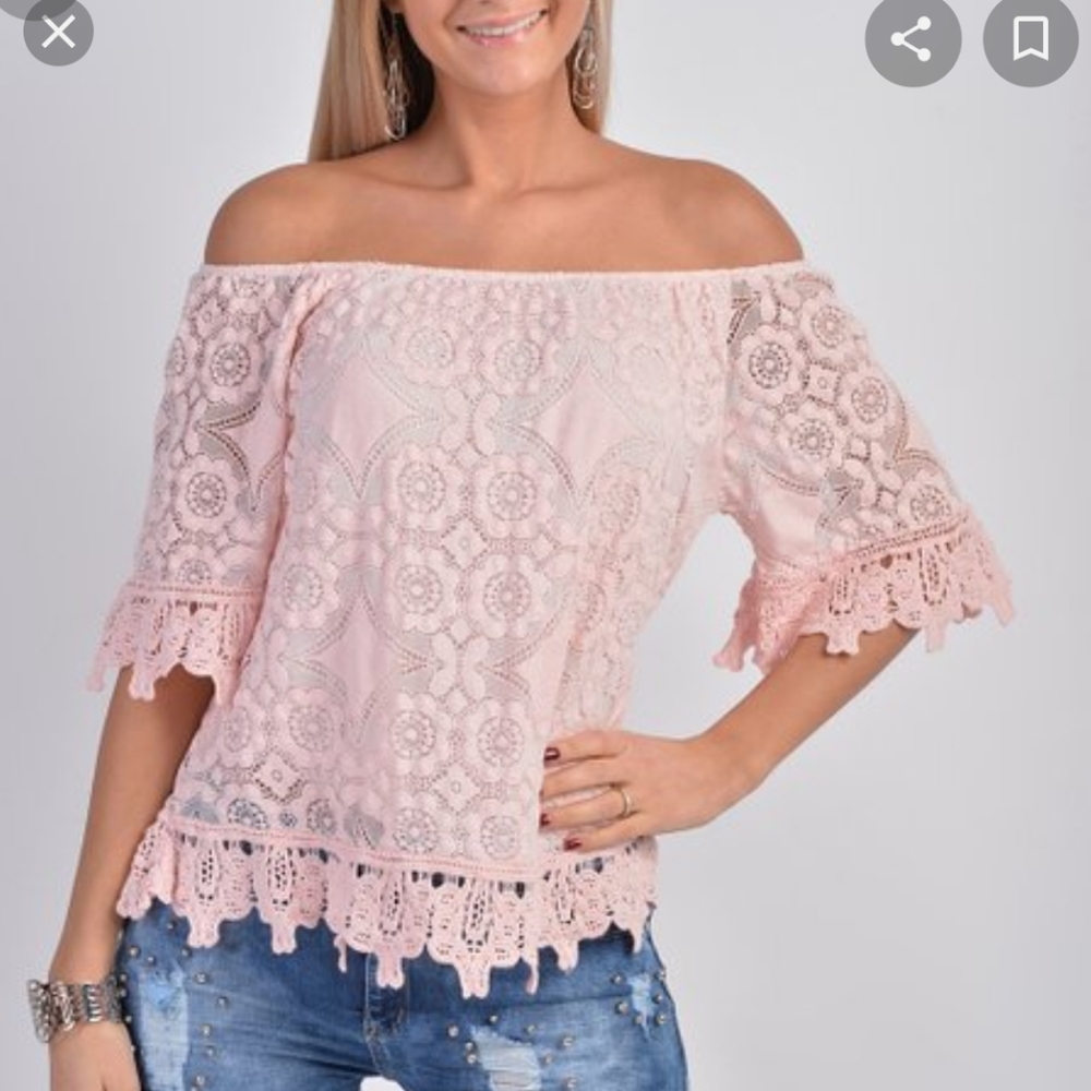 Ornella Pink lace off the shoulder top. LG.